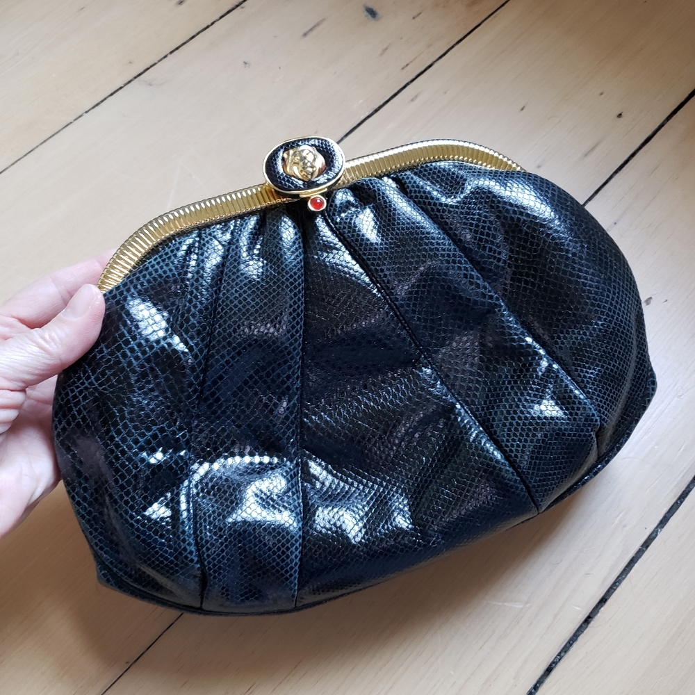 Vintage Judith Leiber Black Leather Lion Clutch